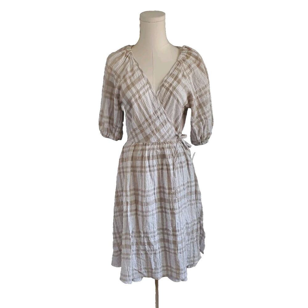 Love, Whit By Whitney Port Beige Summer Plaid Tie Wrap Dress Balloon Sleeves NWT - Picture 4 of 8